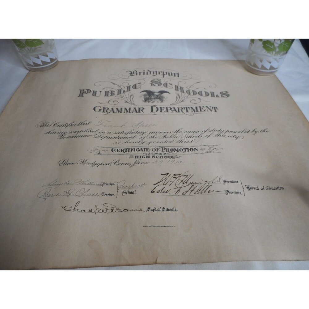 Grammar Department Certificate Graduation Speer Unframed 1910 Bridgeport CT